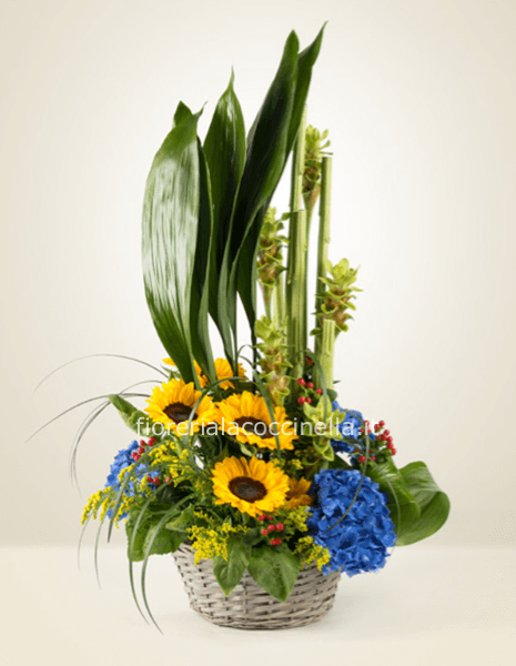 Cesto di Fiori Misti tonalità Giallo/Blu