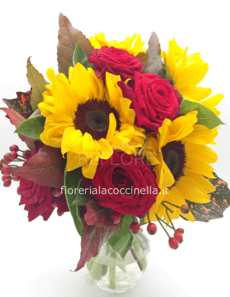 Bouquet Compatto di Girasoli & Rose Rosse