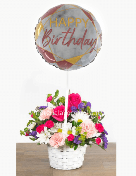 Cesto Fiori Misti & Palloncino HAPPY BIRTHDAY