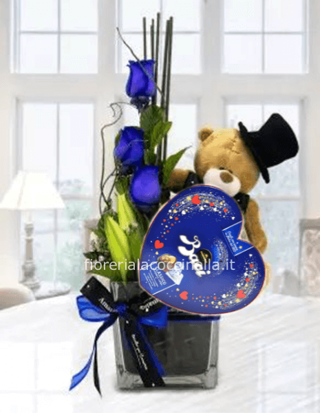 STANDARD BOX 3 ROSE BLU + PELUCHE + BACI PERUGINA
