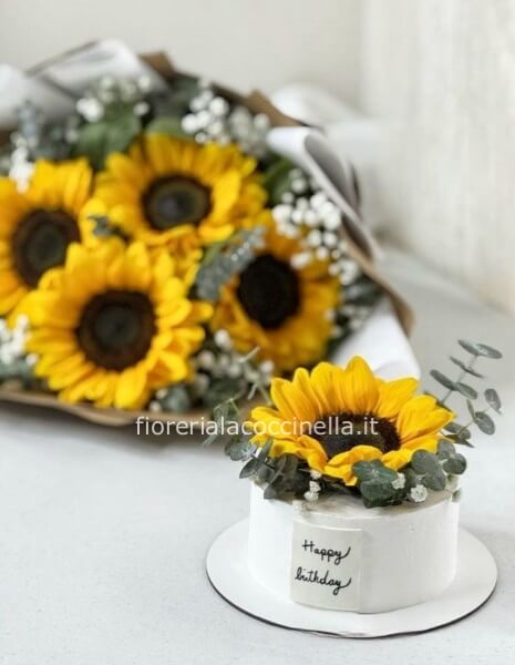 STANDARD BOUQUET GIRASOLI + TORTA LAMBERTH CAKE