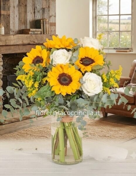Bouquet di Girasoli e Rose Bianche